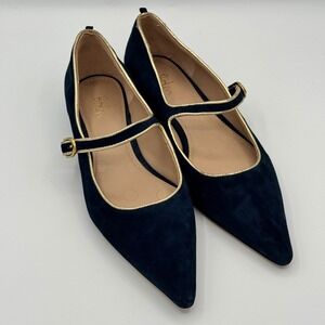 Boden Navy Blue Pointed Toe Mary Jane Flats Gold Trim Women EU 38 US 7